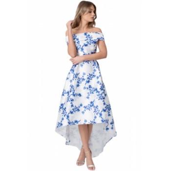 White Satin Floral Off Shoulder Prom Dress Blue